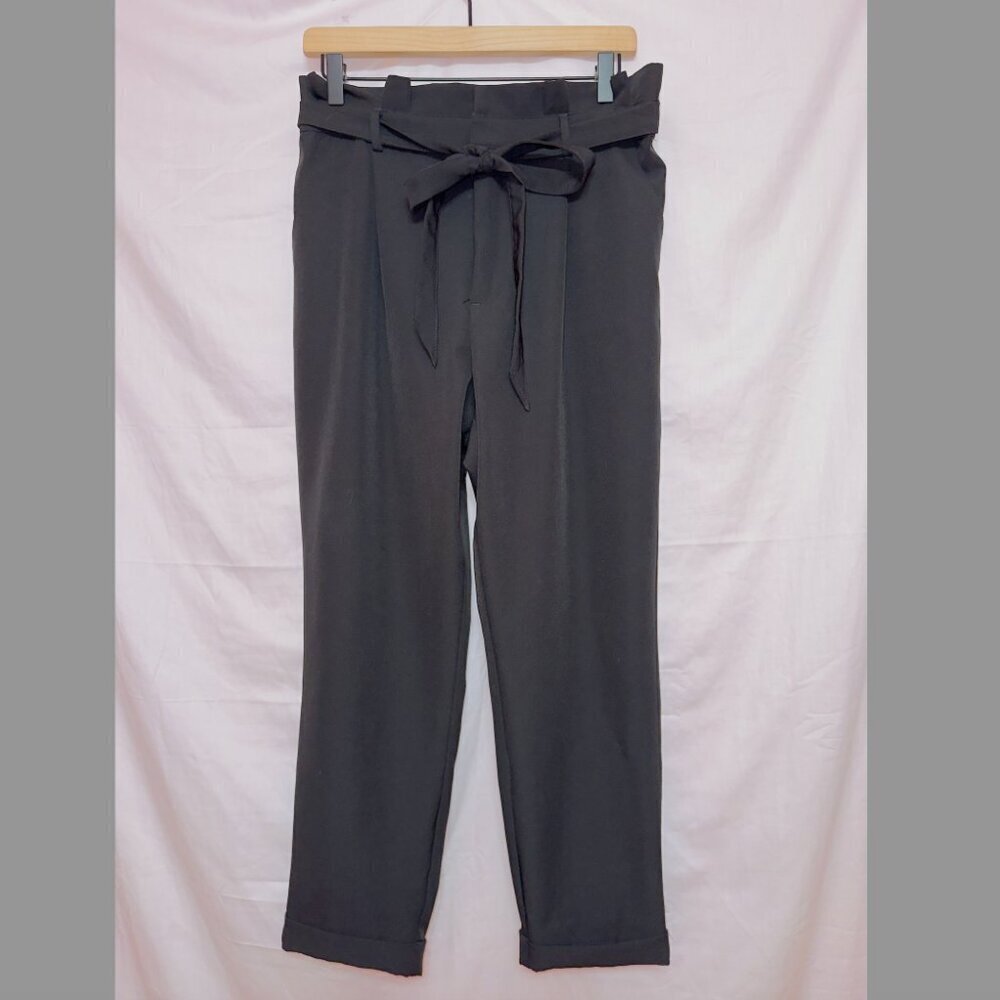 AF Studio Black High Waisted Tie Waist Paperbag Ankle Length Trouser Pants